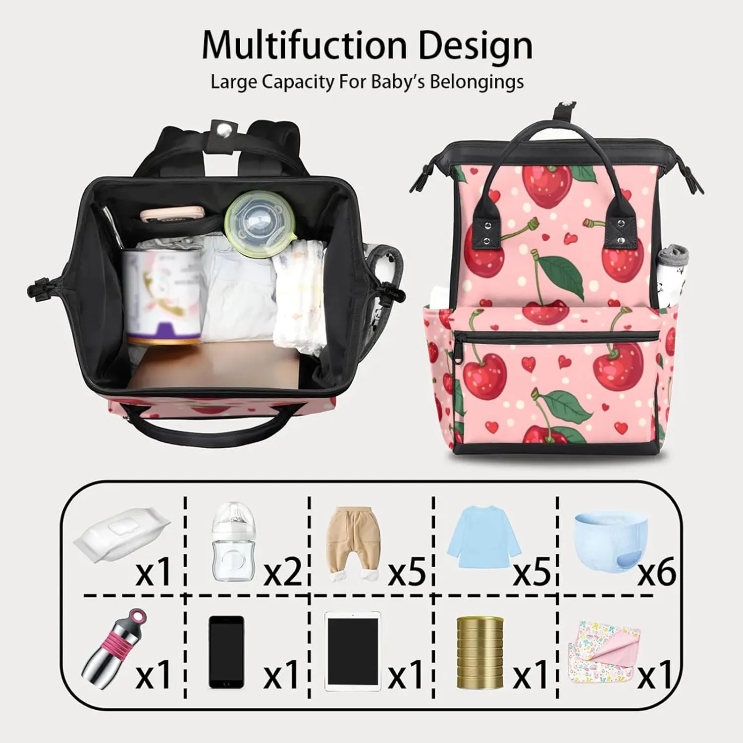 Tavisto Cherry Rhythm Beats Double Shoulder Mommy Bag for Women, Polyester Large Capacity Diaper Backpack with Multi Pockets, Waterproof Adjustable Straps Diaper Bag for Moms Dads, 11''×7''×15.7''