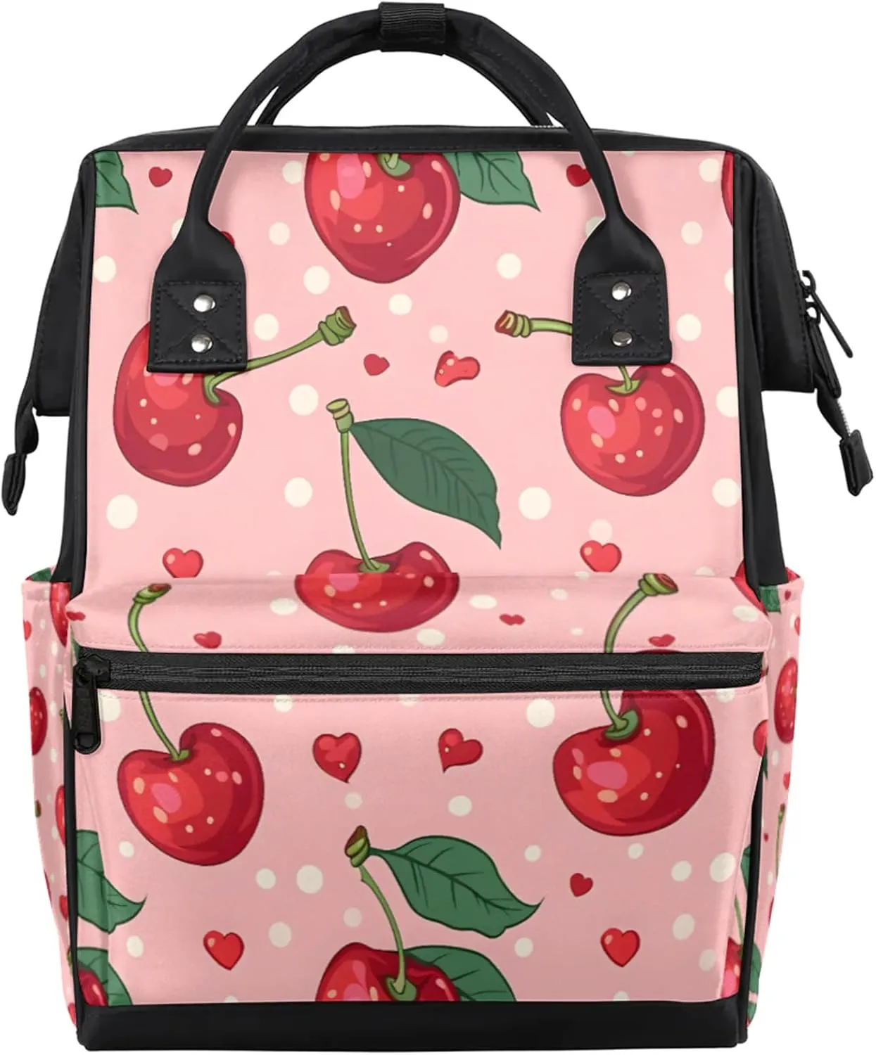 Tavisto Cherry Rhythm Beats Double Shoulder Mommy Bag for Women, Polyester Large Capacity Diaper Backpack with Multi Pockets, Waterproof Adjustable Straps Diaper Bag for Moms Dads, 11''×7''×15.7''