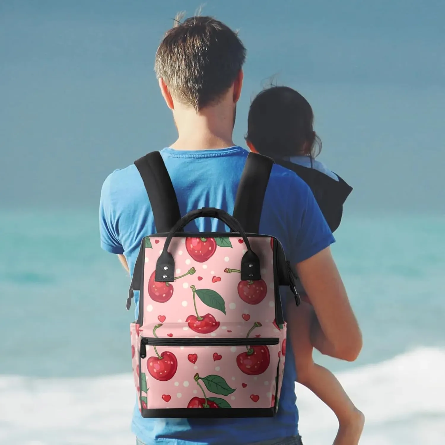 Tavisto Cherry Rhythm Beats Double Shoulder Mommy Bag for Women, Polyester Large Capacity Diaper Backpack with Multi Pockets, Waterproof Adjustable Straps Diaper Bag for Moms Dads, 11''×7''×15.7''