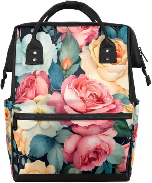 Tavisto Rose Peony Double Shoulder Mommy Bag for Women, Polyester Large Capacity Diaper Backpack with Multi Pockets, Waterproof Adjustable Straps Diaper Bag for Moms Dads, 11''×7''×15.7''