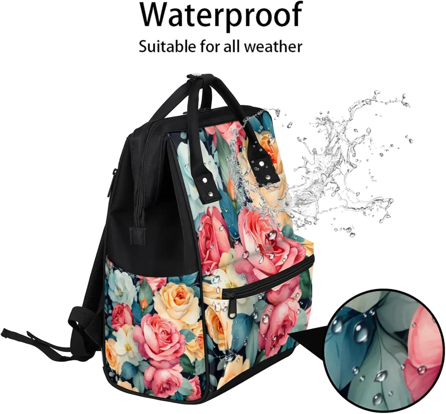 Tavisto Rose Peony Double Shoulder Mommy Bag for Women, Polyester Large Capacity Diaper Backpack with Multi Pockets, Waterproof Adjustable Straps Diaper Bag for Moms Dads, 11''×7''×15.7''