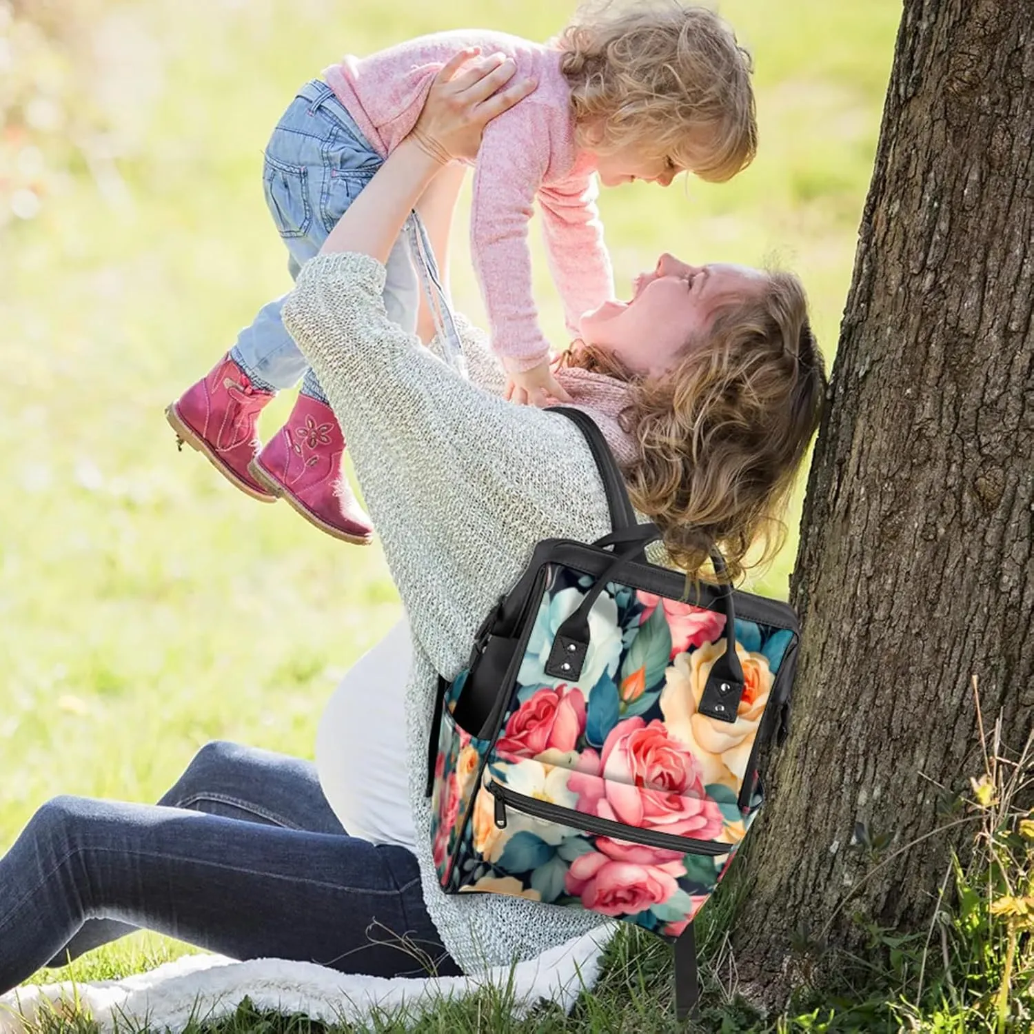 Tavisto Rose Peony Double Shoulder Mommy Bag for Women, Polyester Large Capacity Diaper Backpack with Multi Pockets, Waterproof Adjustable Straps Diaper Bag for Moms Dads, 11''×7''×15.7''