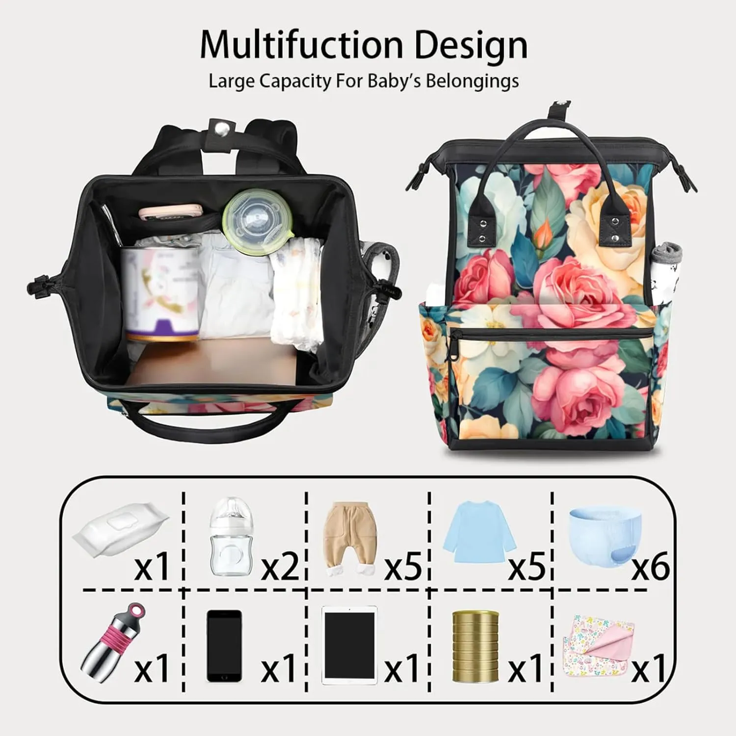 Tavisto Rose Peony Double Shoulder Mommy Bag for Women, Polyester Large Capacity Diaper Backpack with Multi Pockets, Waterproof Adjustable Straps Diaper Bag for Moms Dads, 11''×7''×15.7''