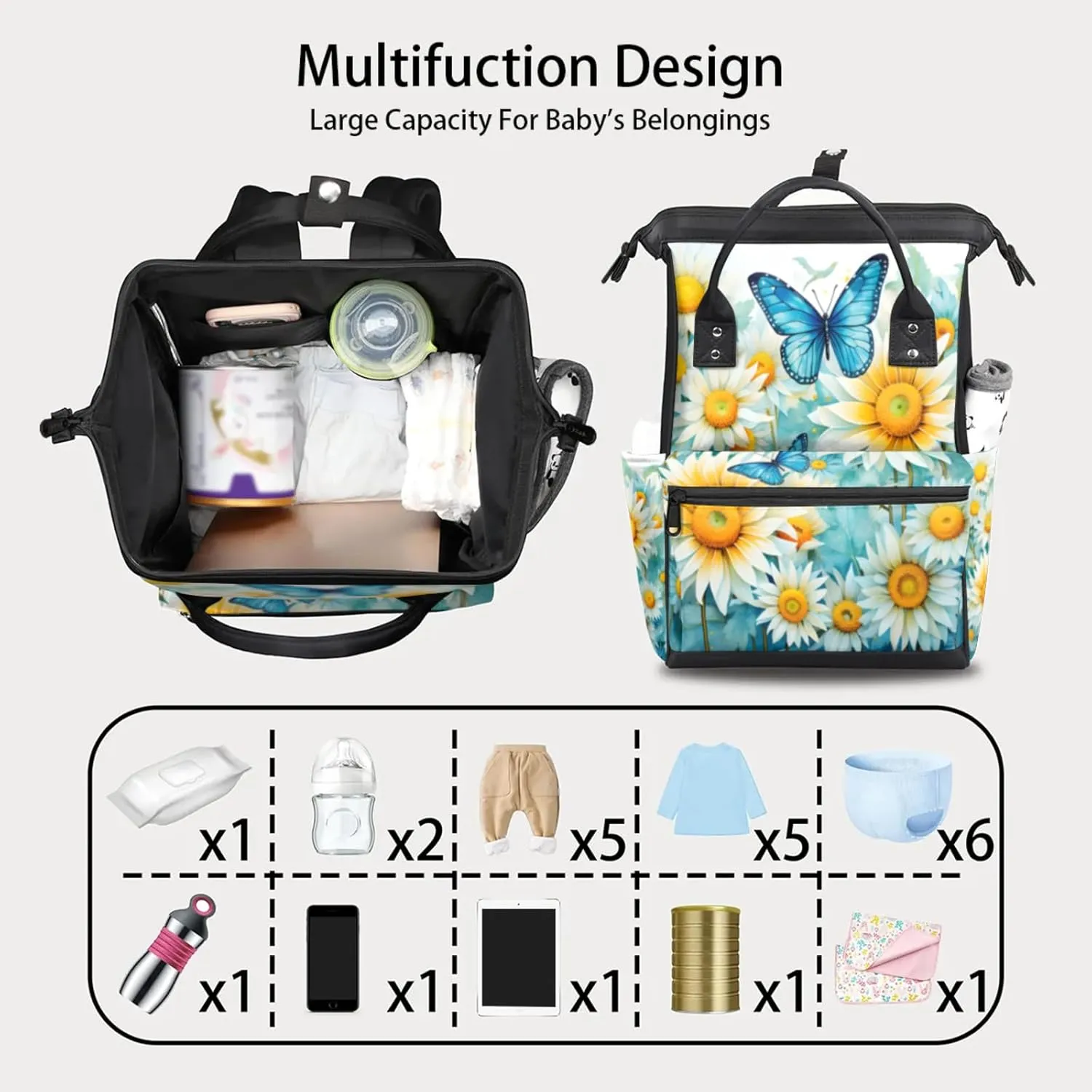 Tavisto Soft Pink Lilies Double Shoulder Mommy Bag for Women, Polyester Large Capacity Diaper Backpack with Multi Pockets, Waterproof Adjustable Straps Diaper Bag for Moms Dads, 11''×7''×15.7''