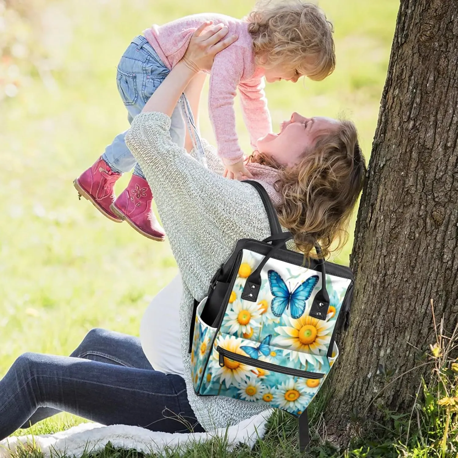 Tavisto Soft Pink Lilies Double Shoulder Mommy Bag for Women, Polyester Large Capacity Diaper Backpack with Multi Pockets, Waterproof Adjustable Straps Diaper Bag for Moms Dads, 11''×7''×15.7''