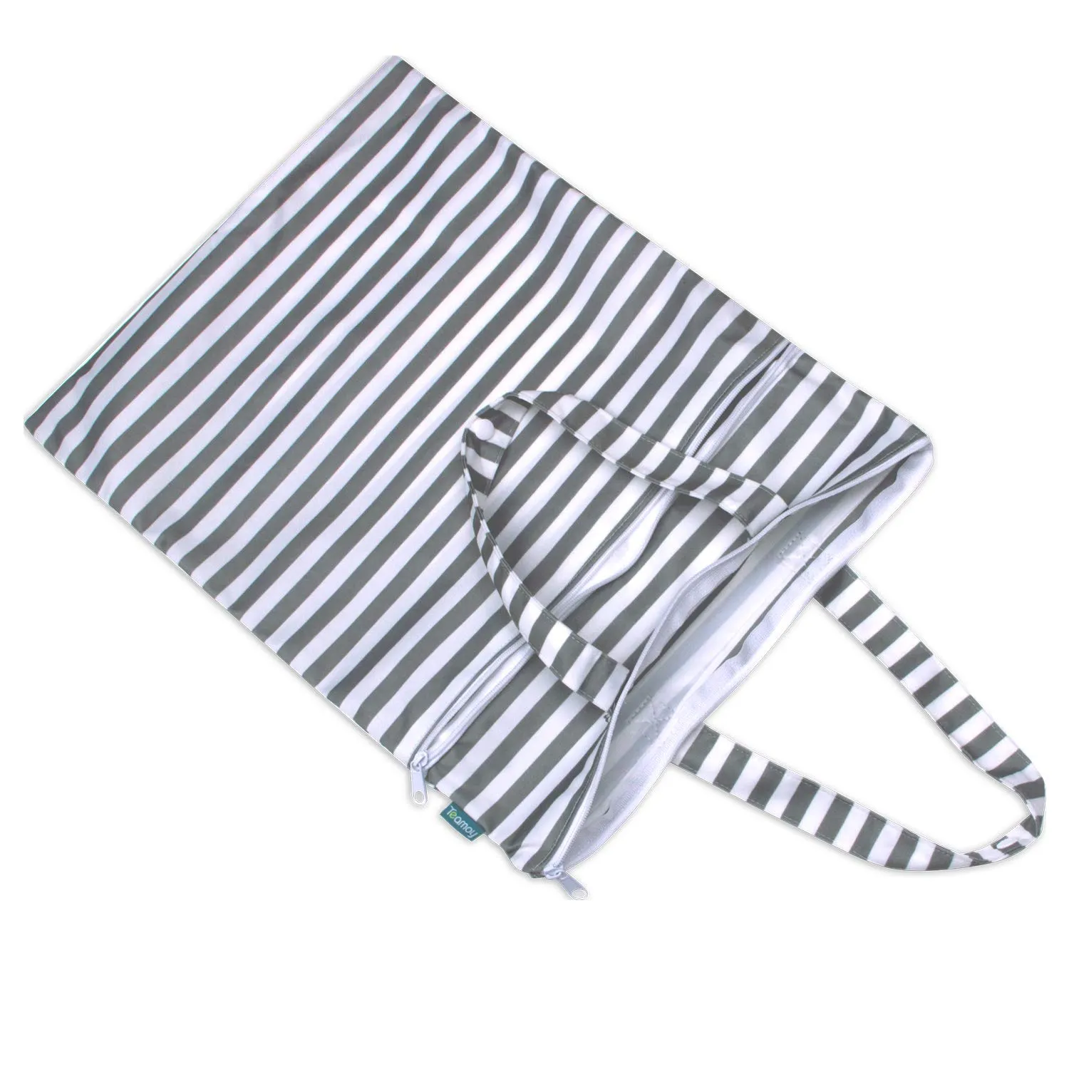Teamoy Travel Hanging Wet Dry Bag Organizer (17.3 x 13.4 inches) with Two Compartments for Cloth Diaper, Laundry, Swimsuits and More, Easy to Hang Everywhere (M, Gray Strips)