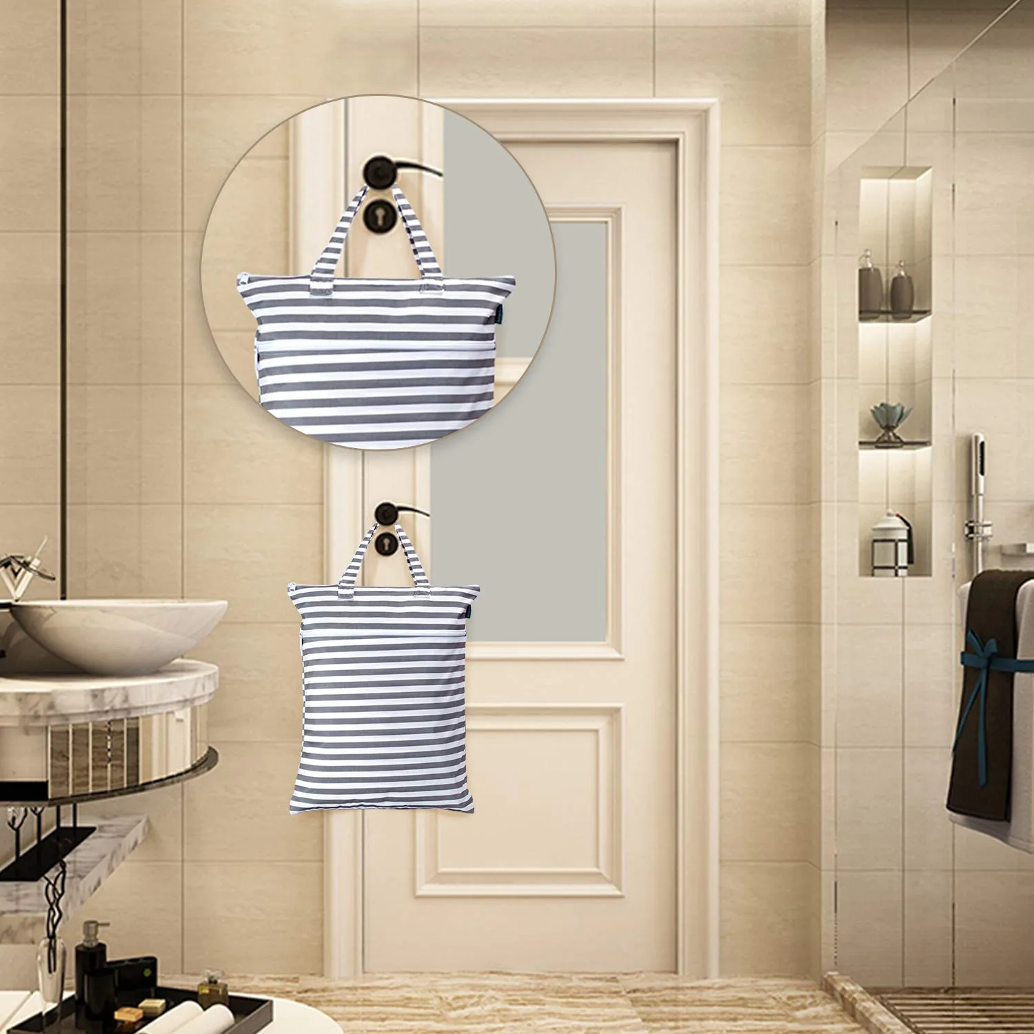 Teamoy Travel Hanging Wet Dry Bag Organizer (17.3 x 13.4 inches) with Two Compartments for Cloth Diaper, Laundry, Swimsuits and More, Easy to Hang Everywhere (M, Gray Strips)