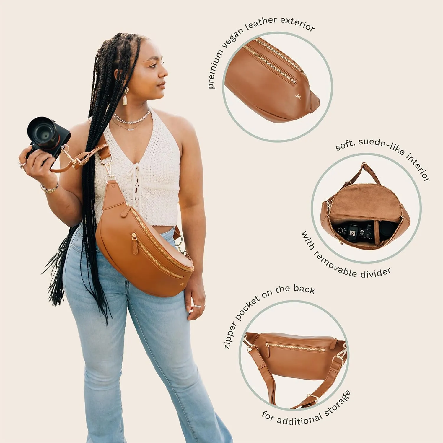 The Sidekick Camera Bag – Compact, Vegan Leather, Hands-Free Crossbody with Protective Suede Interior, Black