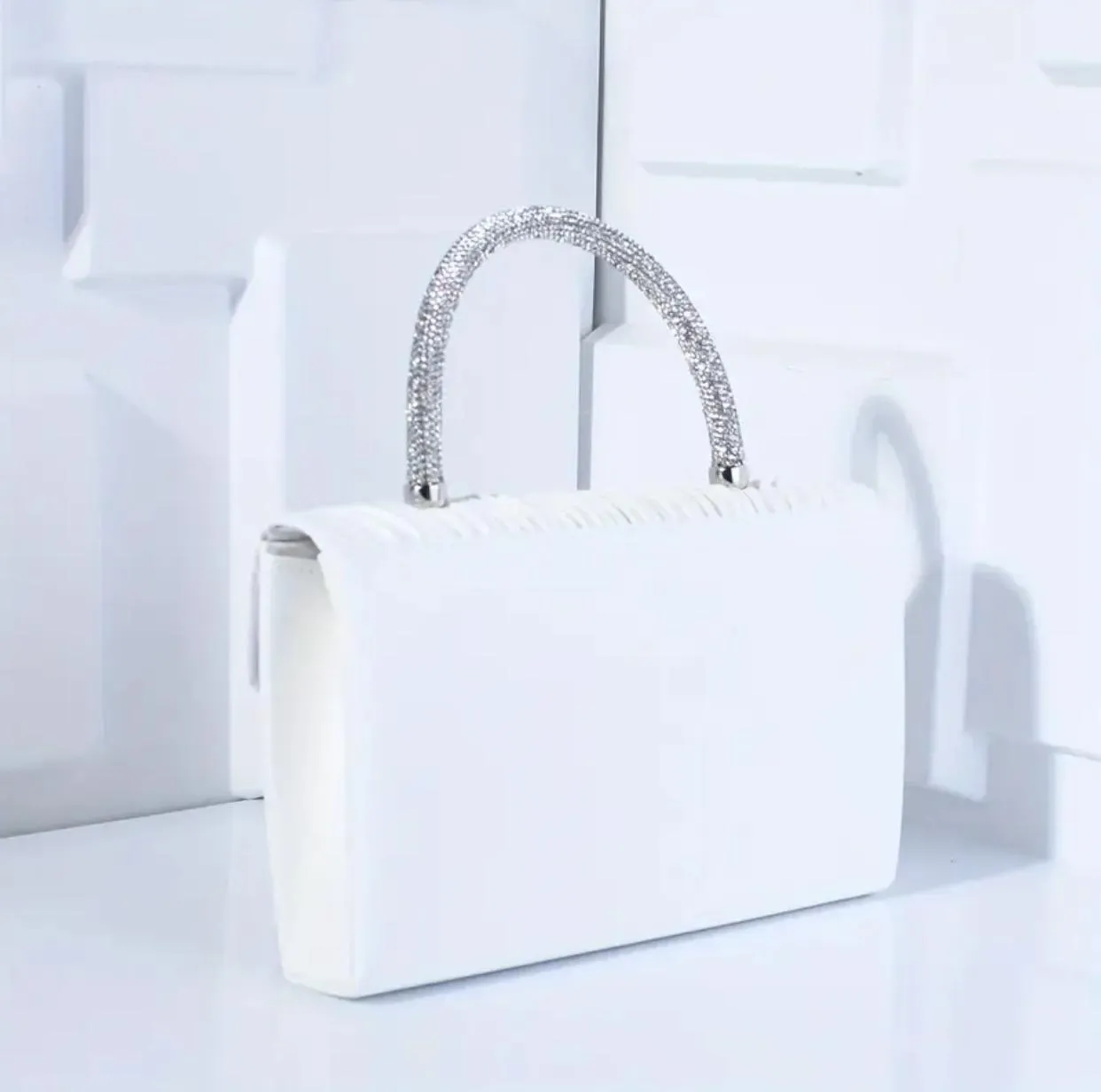 The White Pleated Rhinestone Clutch Bag