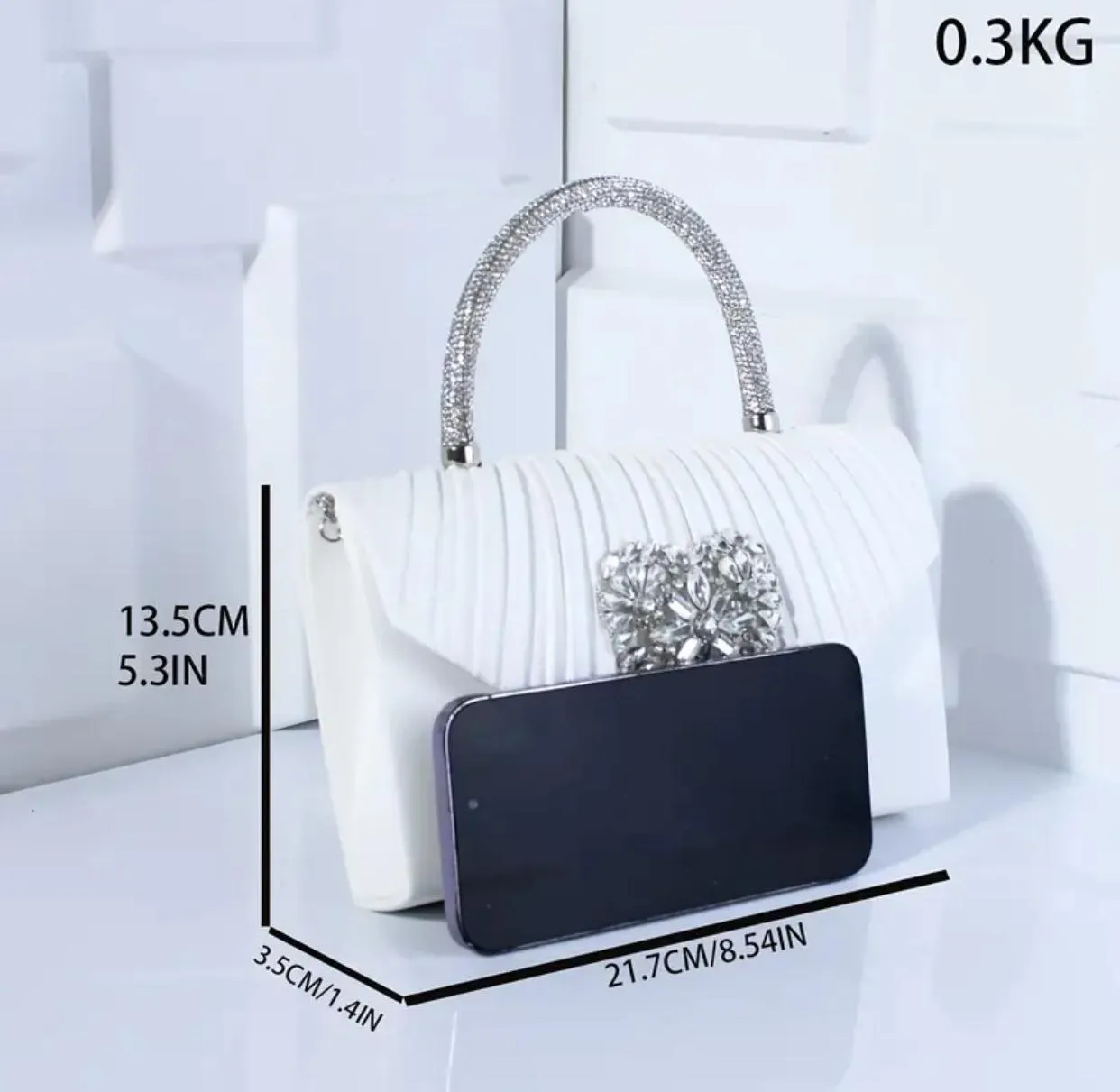The White Pleated Rhinestone Clutch Bag