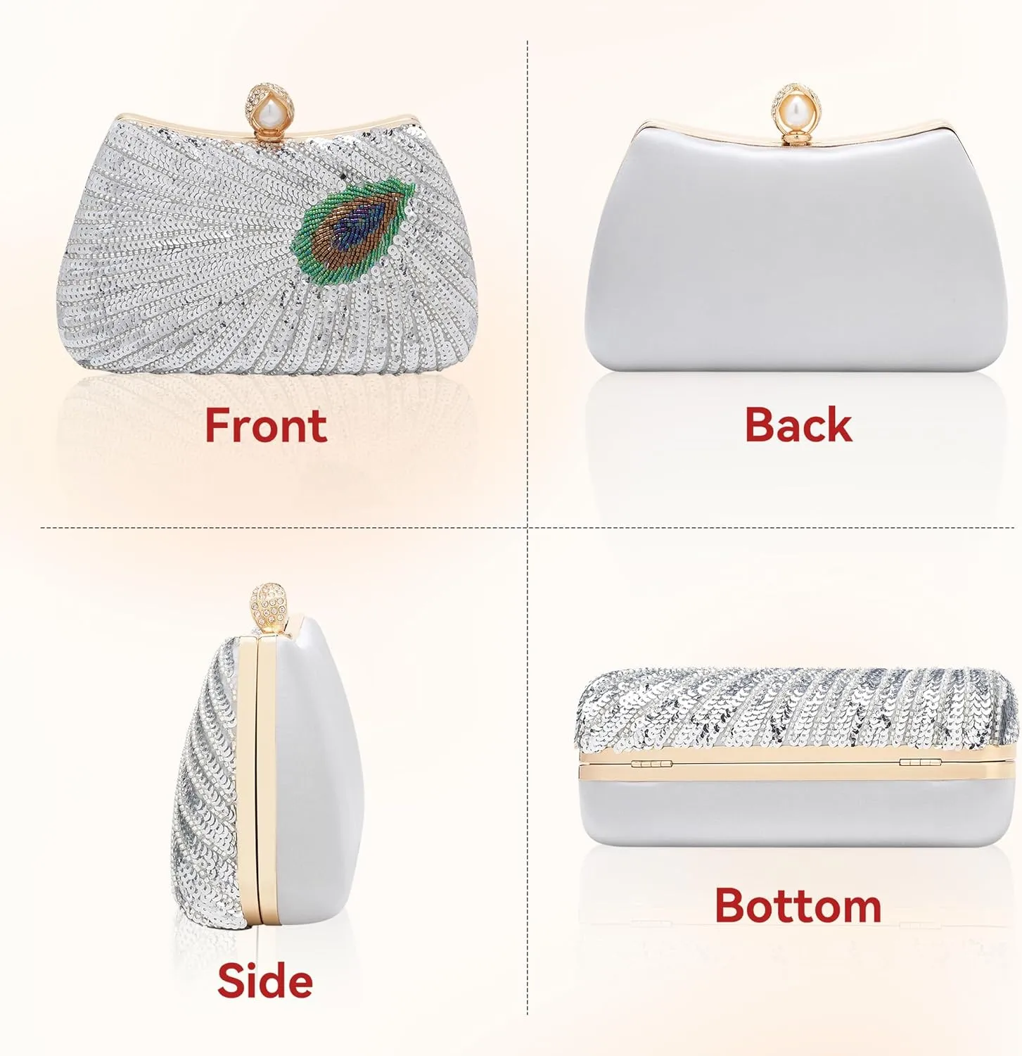 Tmore Beaded Peacock Clutch Purse Pearl Evening Bag Detachable Chain Sparkly Handbags for Wedding Prom Party