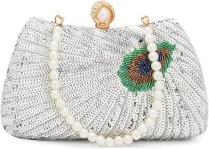 Tmore Beaded Peacock Clutch Purse Pearl Evening Bag Detachable Chain Sparkly Handbags for Wedding Prom Party
