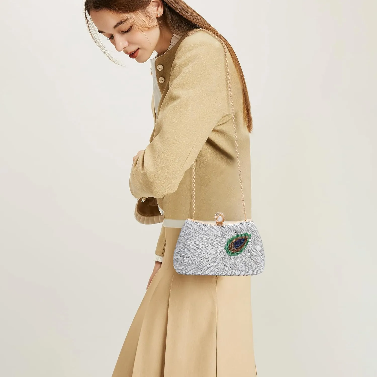 Tmore Beaded Peacock Clutch Purse Pearl Evening Bag Detachable Chain Sparkly Handbags for Wedding Prom Party