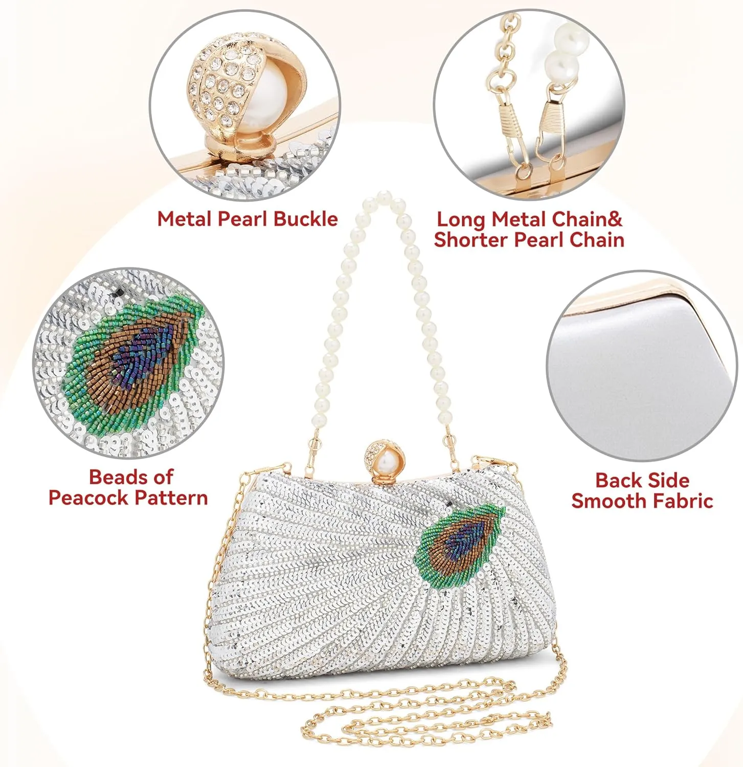 Tmore Beaded Peacock Clutch Purse Pearl Evening Bag Detachable Chain Sparkly Handbags for Wedding Prom Party
