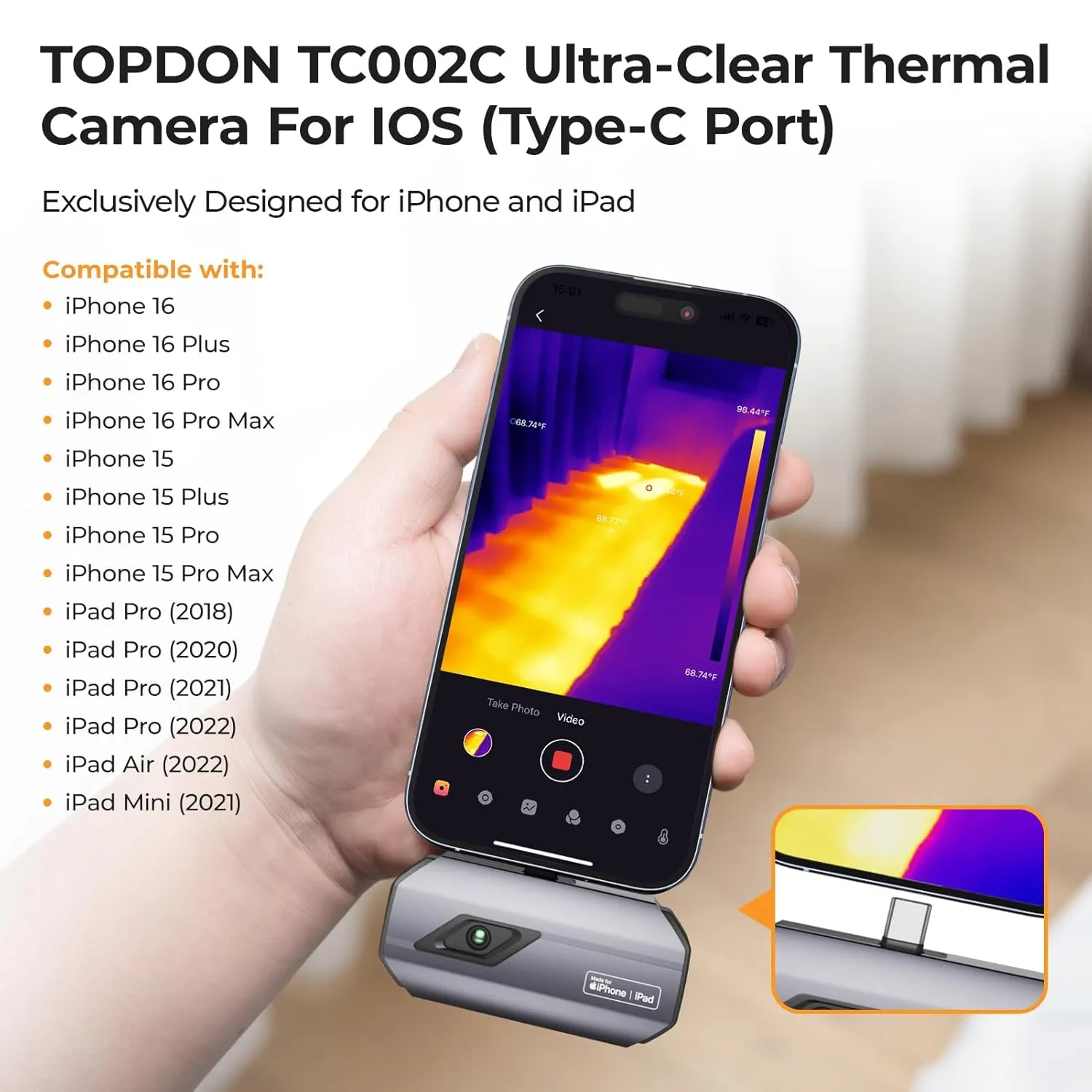 TOPDON TC002C Thermal Camera, 512 x 384 Super Resolution, 256 x 192 IR Resolution, Thermal Imager for iPhone 15/16 Series and iPads with Type-C Port, -4°F~1022°F Temp Range, Upgraded Version of TC002
