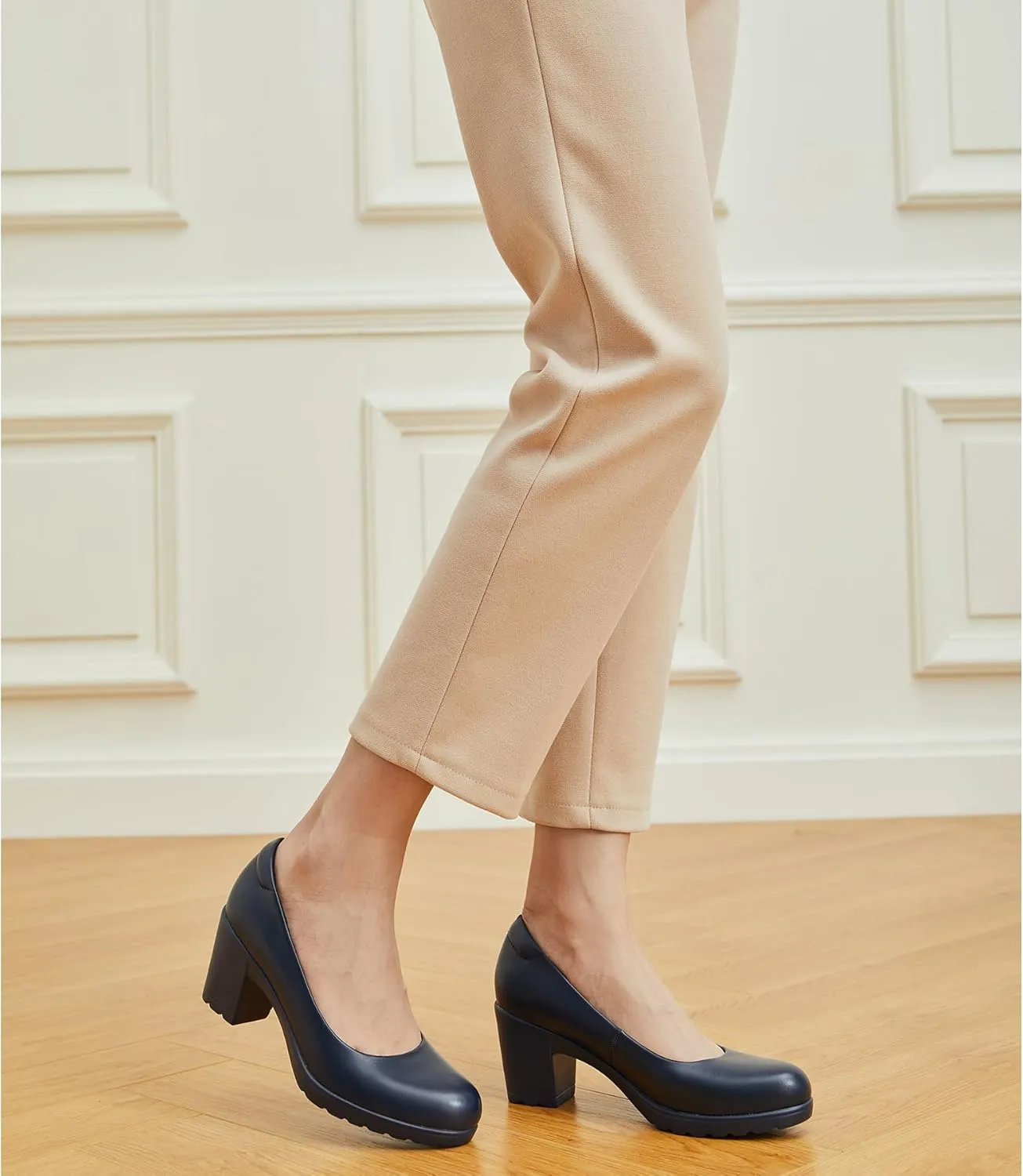 Trary Women's Chunky Low Block Heels Slip on Pumps,Comfortable Classic Closed Round Toe Work Dress Wedding Office Lady Pumps Shoes