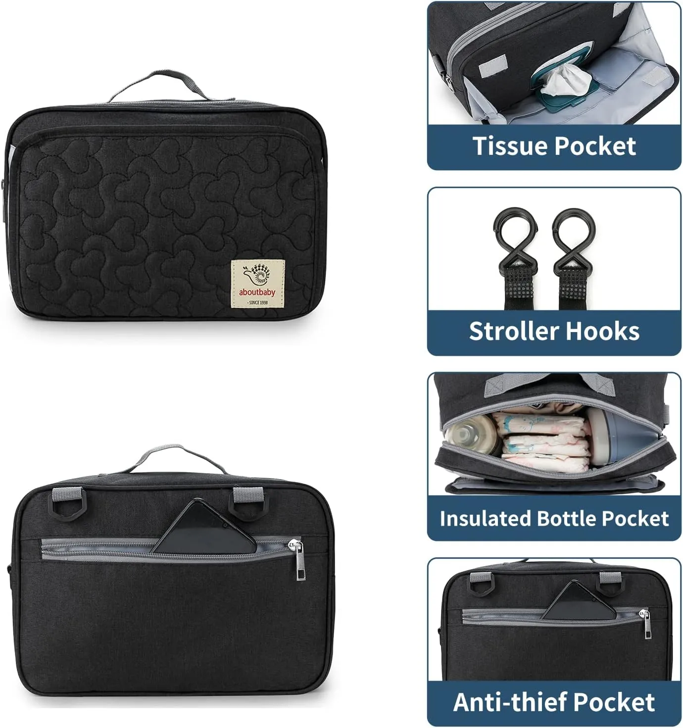 TRENDPLAY Small Diaper Bag, Mini Stroller Organizer Caddy with Wipe Pockets Caddy Parent Console with Stroller Straps Fit All Strollers, Black