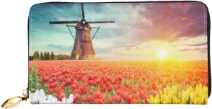 Tulip Flower Windmill Amsterdam Men'S Women'S Leather Wallet Long Clutch Purse Small Wristlet Handbag Fashion Evening Bag