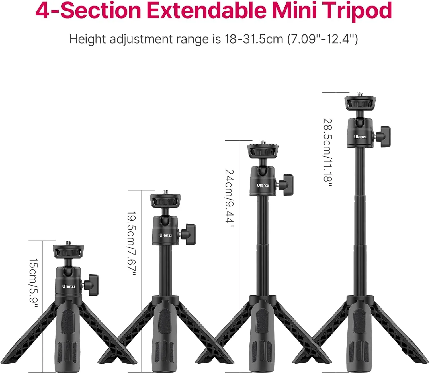 ULANZI M12 Extendable Selfie Stick for Action Camera, Portable Vlog Cell Phone Tripod Stand with Phone Mount Action Camera Adapter, Mini Hand Grip Compatible with Hero 13/12/11/10/9/8/7/6/5 Smartphone