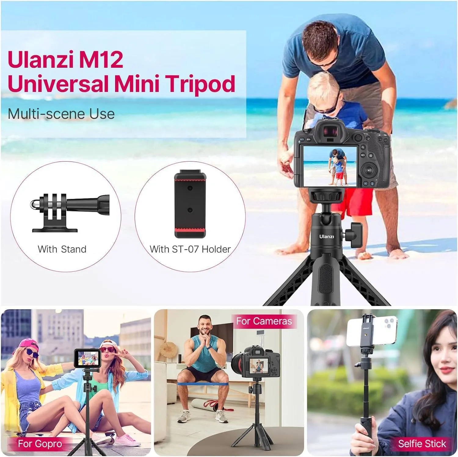 ULANZI M12 Extendable Selfie Stick for Action Camera, Portable Vlog Cell Phone Tripod Stand with Phone Mount Action Camera Adapter, Mini Hand Grip Compatible with Hero 13/12/11/10/9/8/7/6/5 Smartphone