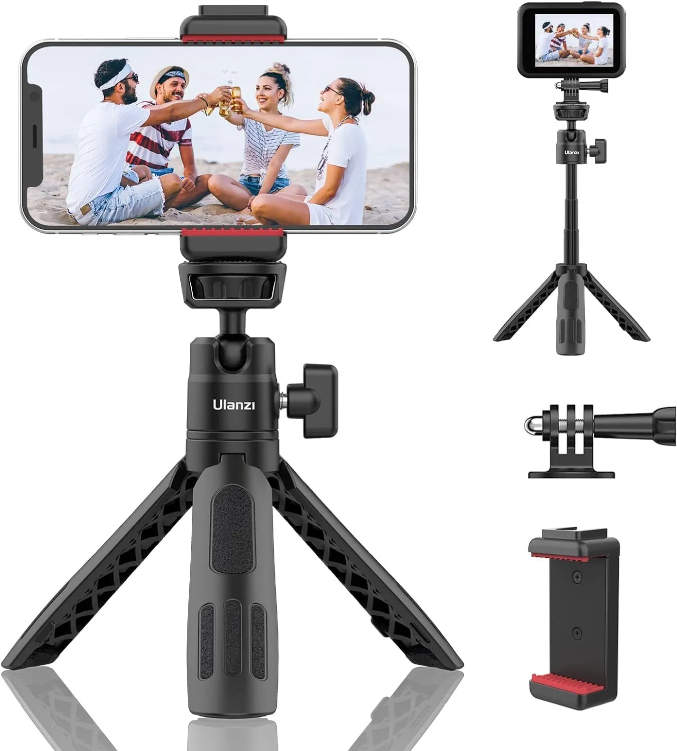ULANZI M12 Extendable Selfie Stick for Action Camera, Portable Vlog Cell Phone Tripod Stand with Phone Mount Action Camera Adapter, Mini Hand Grip Compatible with Hero 13/12/11/10/9/8/7/6/5 Smartphone