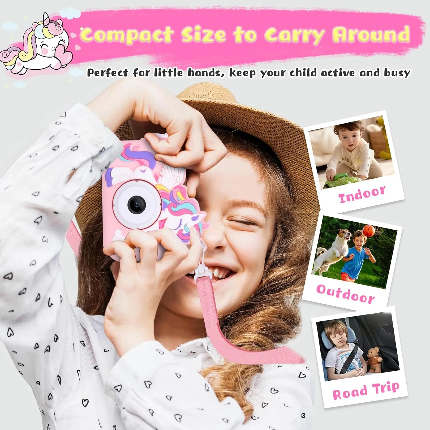 Unicorn Toys Camera for Kids Girls Age 3-8, Toddler Kids Digital Camera Christmas Birthday Gifts for 3 4 5 6 7 8 Years Old Girl, Cute Selfie Video Camera, HD 1080P, 32GB SD Card Included, Pink