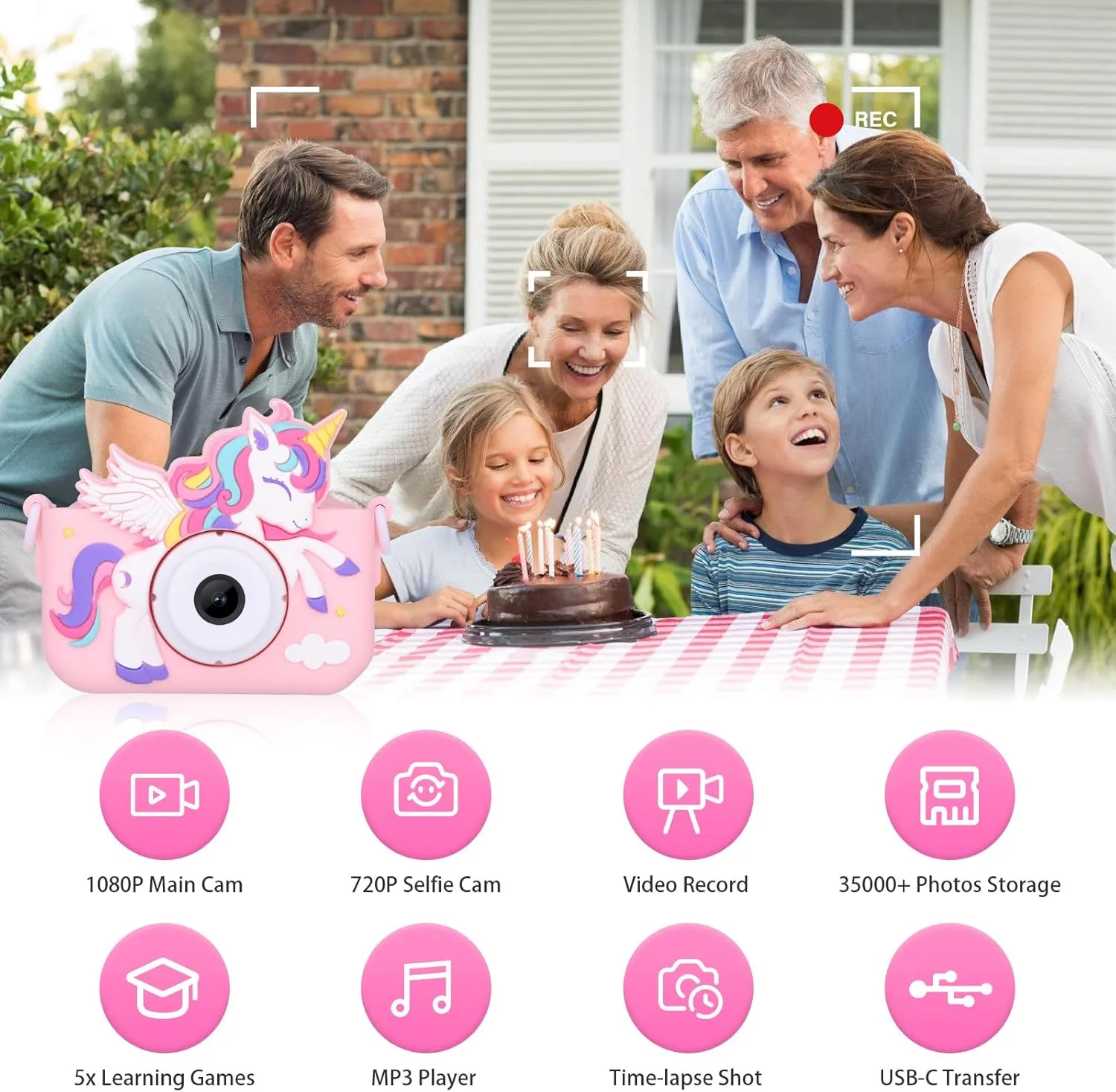 Unicorn Toys Camera for Kids Girls Age 3-8, Toddler Kids Digital Camera Christmas Birthday Gifts for 3 4 5 6 7 8 Years Old Girl, Cute Selfie Video Camera, HD 1080P, 32GB SD Card Included, Pink