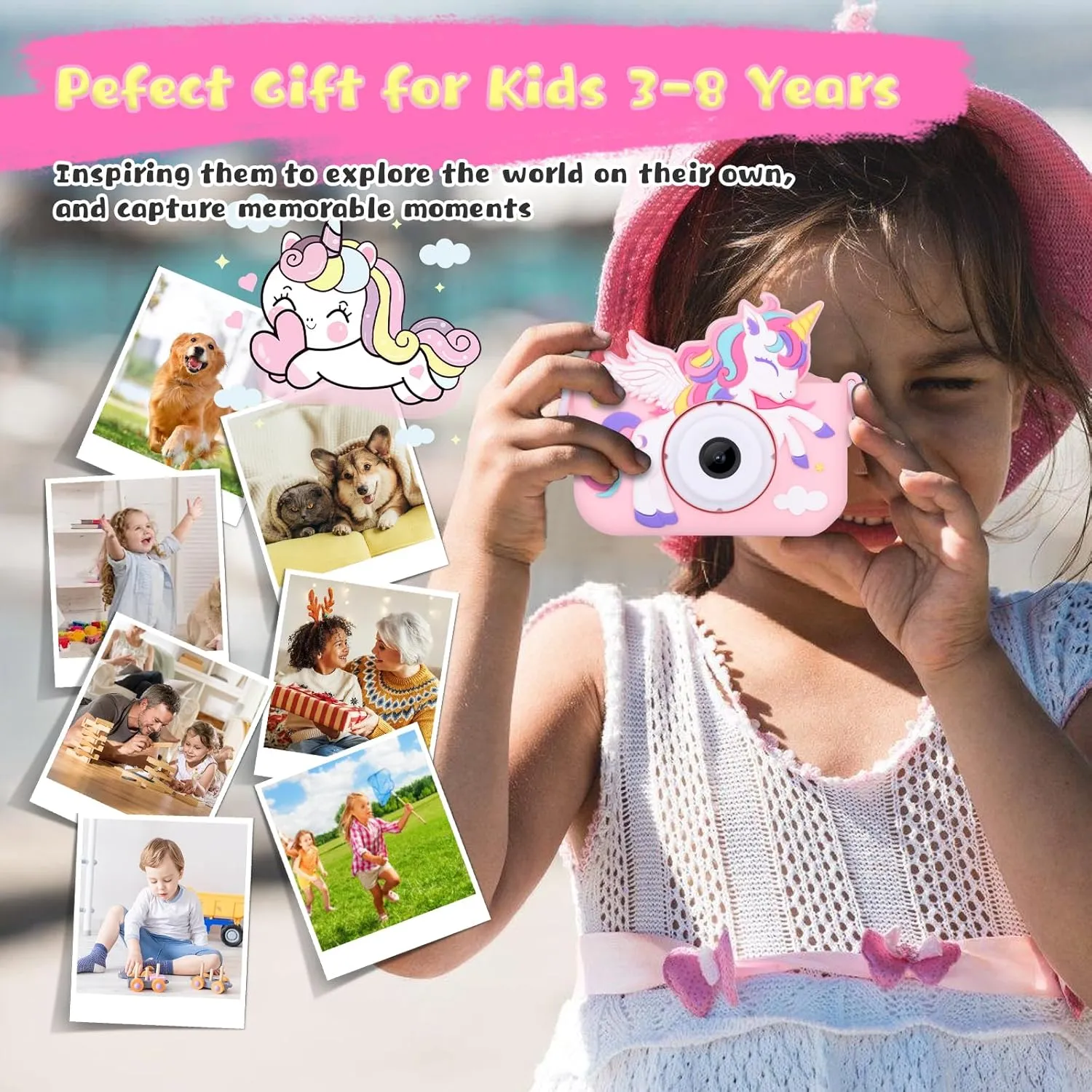 Unicorn Toys Camera for Kids Girls Age 3-8, Toddler Kids Digital Camera Christmas Birthday Gifts for 3 4 5 6 7 8 Years Old Girl, Cute Selfie Video Camera, HD 1080P, 32GB SD Card Included, Pink
