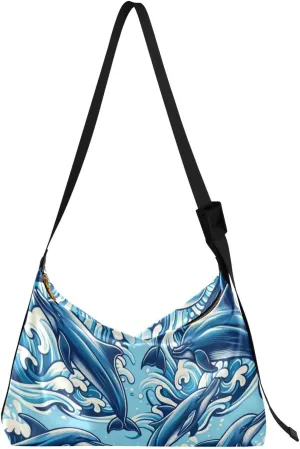 Unisex Shoulder Bag Crossbody Handbag Dolphins-jump-blue-sea Women Casual Hobo Bag Lightweight PU Leather Tote