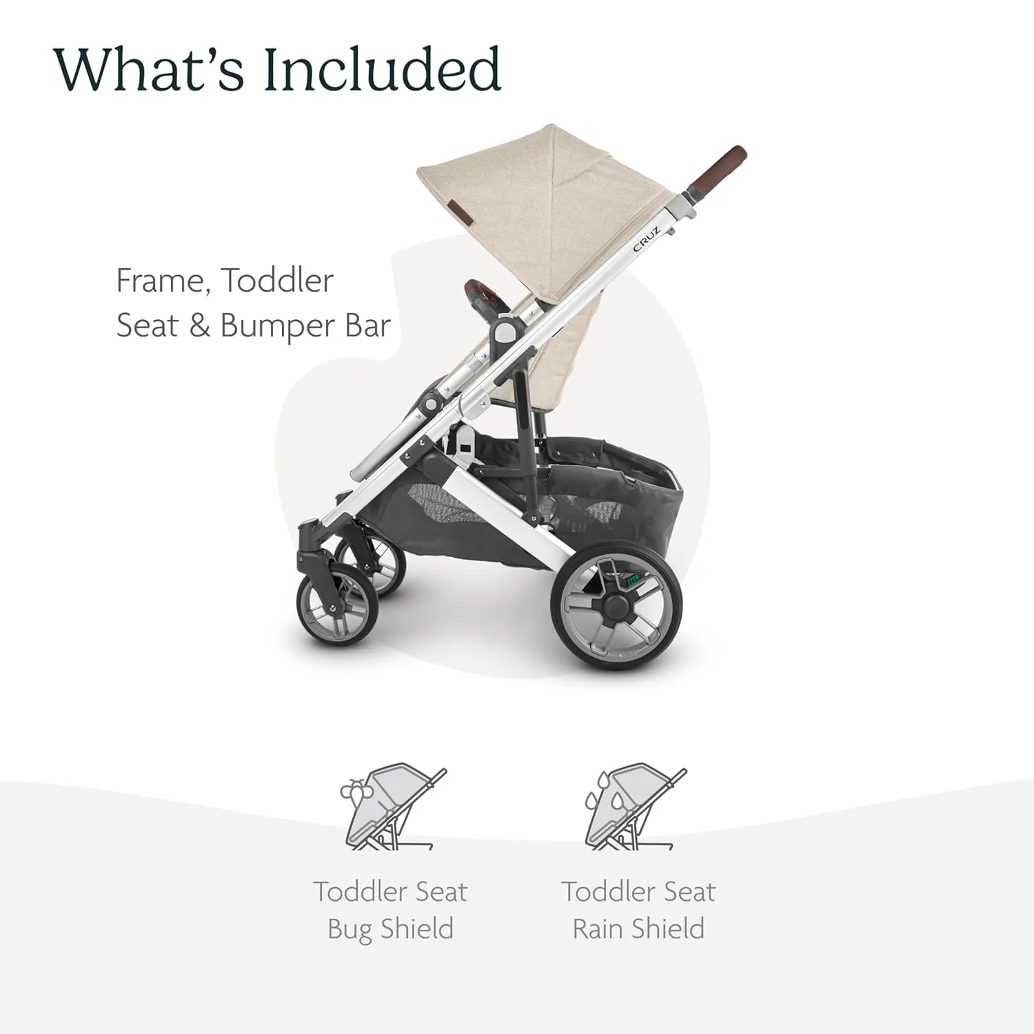 UPPAbaby Cruz V2 Stroller/Full-Featured Stroller with Travel System Capabilities/Toddler Seat, Bumper Bar, Bug Shield, Rain Shield Included/Declan (Oat Mélange/Silver Frame/Chestnut Leather)