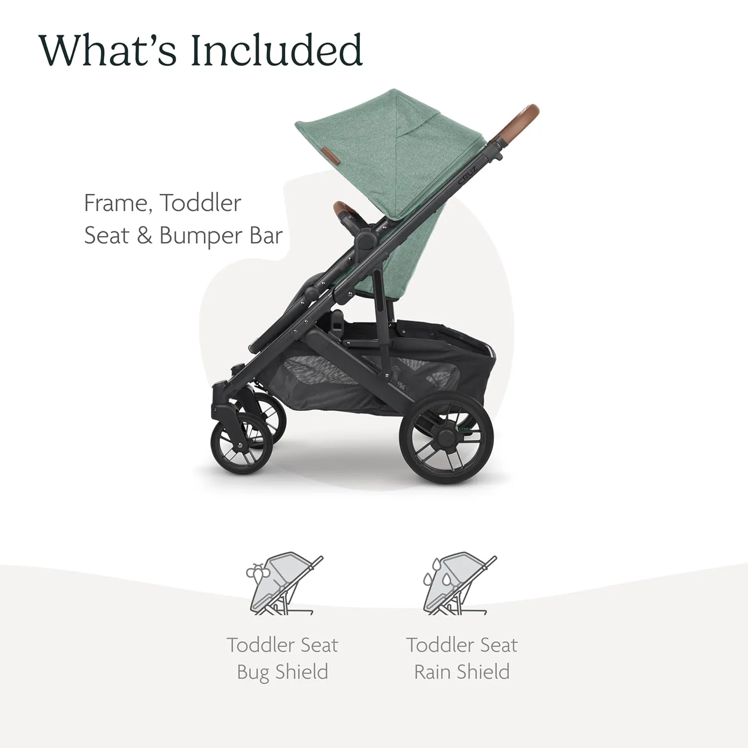 UPPAbaby Cruz V2 Stroller/Full-Featured Stroller with Travel System Capabilities/Toddler Seat, Bumper Bar, Bug Shield, Rain Shield Included/Gwen (Green Mélange/Carbon Frame/Saddle Leather)