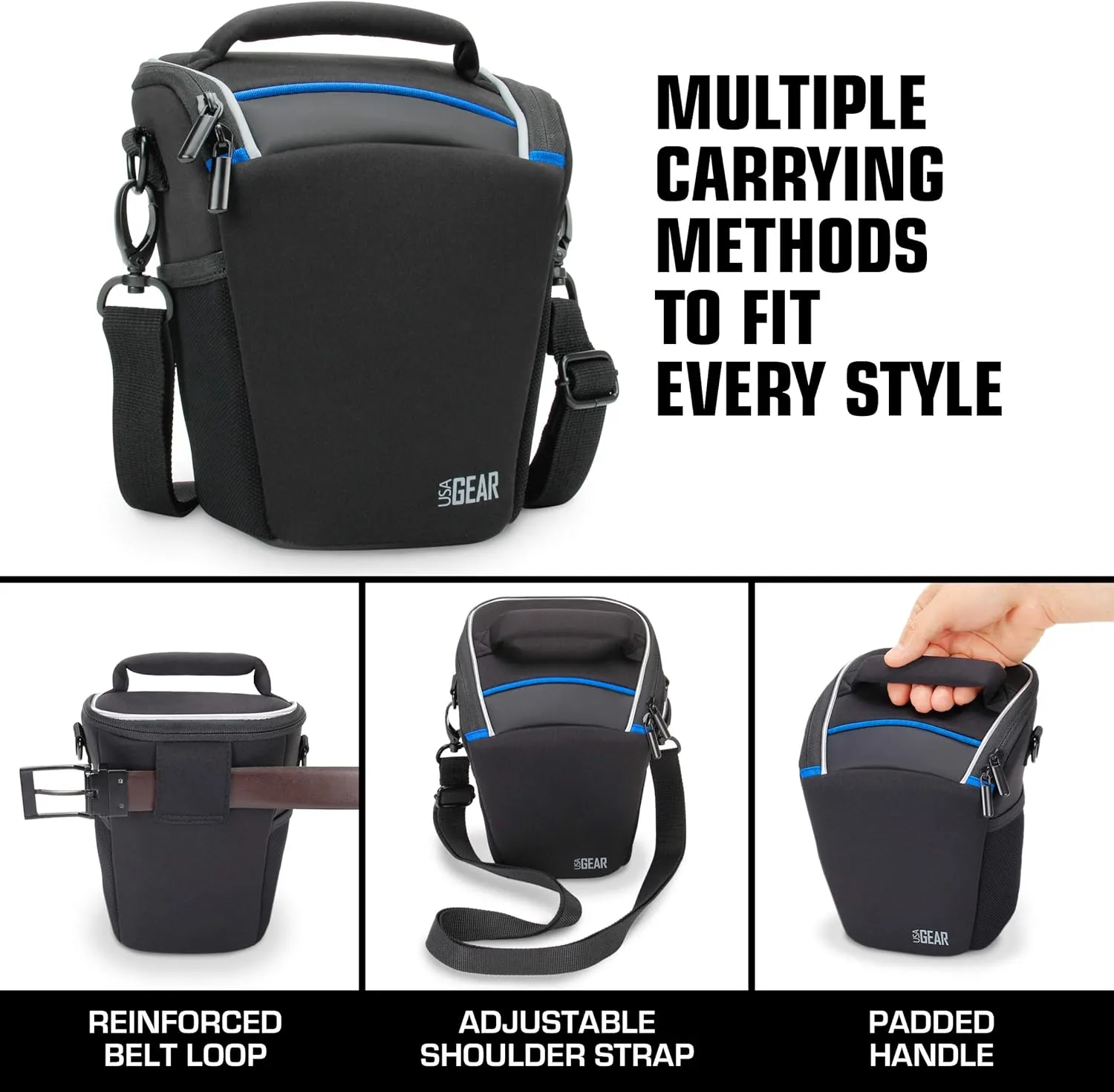 USA Gear DSLR Camera Case for Men and Women with Top Loading Accessibility, Adjustable Shoulder, Small Camera Sling Bag, Travel Padded Handle - Camera Holster Bag for Nikon, Canon, Panasonic (Black)