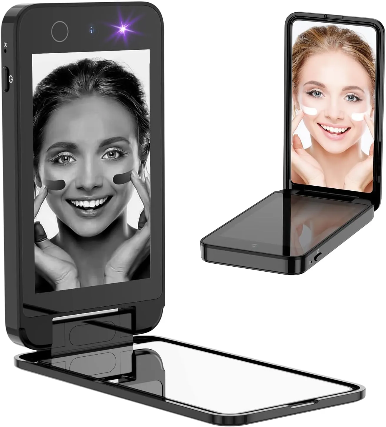 UV Camera for Sunscreen Test UV Mirror Sunscreen Camera, 4 Inch Vanity Mirror Rechargeable Compact Travel Makeup Mirror Handheld Double-Sided Pocket Mirror for Skin Protection(Dark Black)