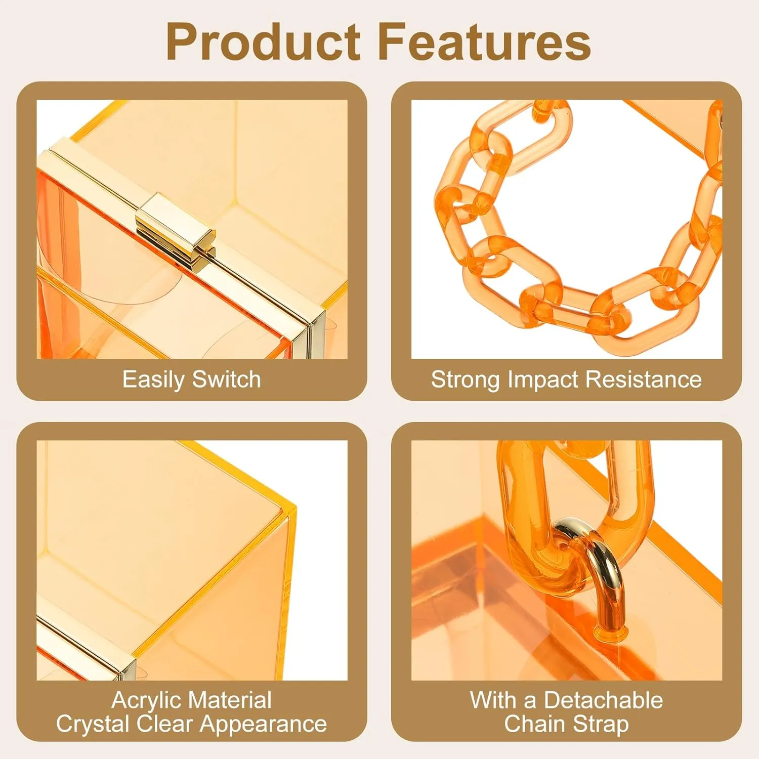 uxcell Women Acrylic Clear Clutch Purses Square Evening Handbag Box Purse for Wedding Prom Party, Orange/Gold