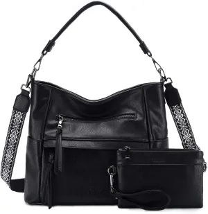 VASCHY Hobo Bag for Women, Medium Vegan Leather Shoulder Purse Handbag Wallet Set Tote Bag with Crossbody Guitar Strap