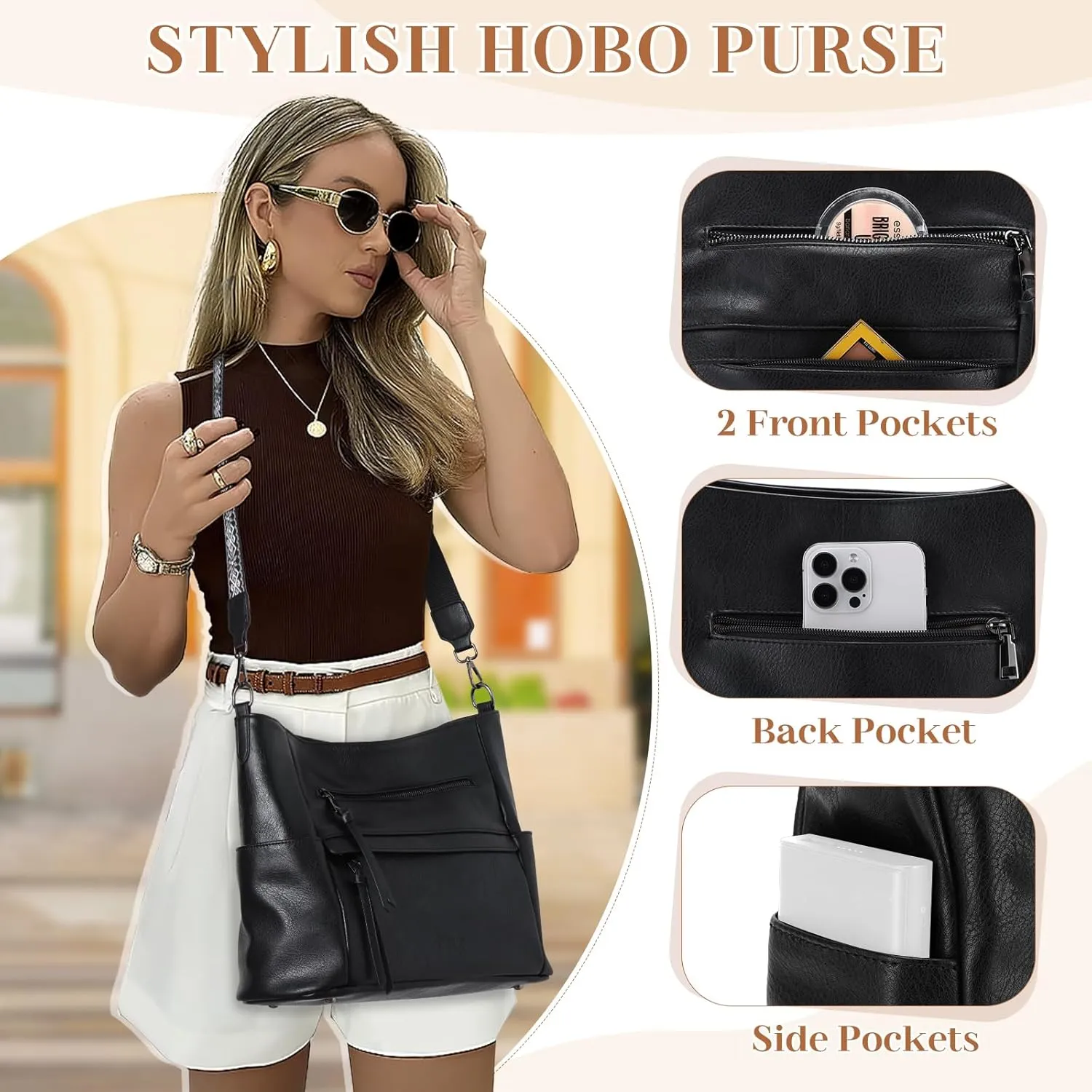 VASCHY Hobo Bag for Women, Medium Vegan Leather Shoulder Purse Handbag Wallet Set Tote Bag with Crossbody Guitar Strap