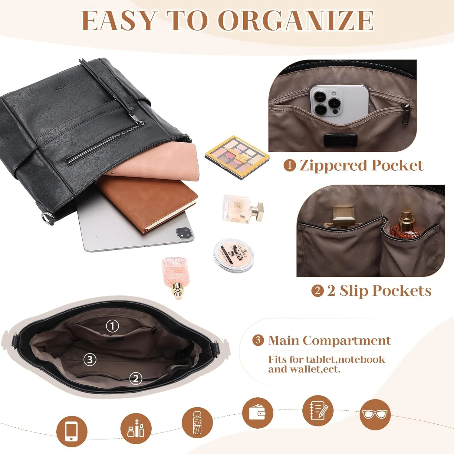 VASCHY Hobo Bag for Women, Medium Vegan Leather Shoulder Purse Handbag Wallet Set Tote Bag with Crossbody Guitar Strap