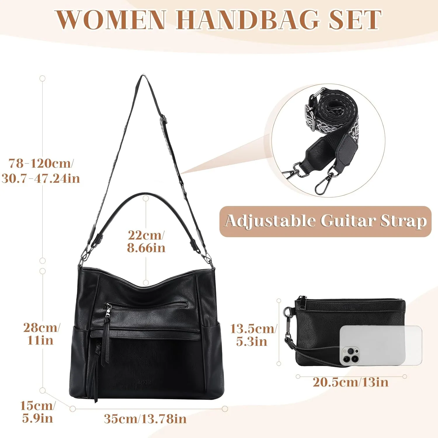 VASCHY Hobo Bag for Women, Medium Vegan Leather Shoulder Purse Handbag Wallet Set Tote Bag with Crossbody Guitar Strap