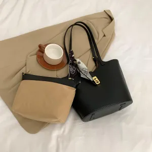 Vegan Leather Bucket Bag Designer Handbags for Women Hobo Bag 2 in 1 Scoop Neck Tote with Removable Pouch