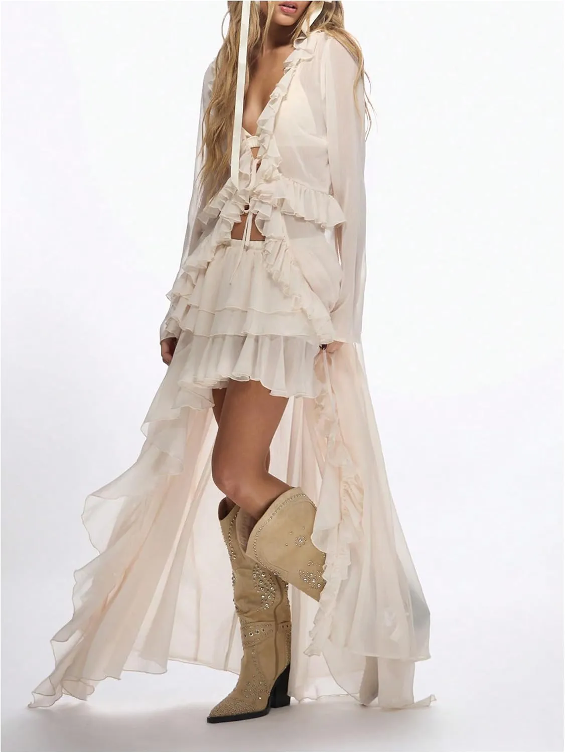 Verdusa Women's Boho Western Tiered Layered High Low Skirts Ruffle Chiffon Skirt