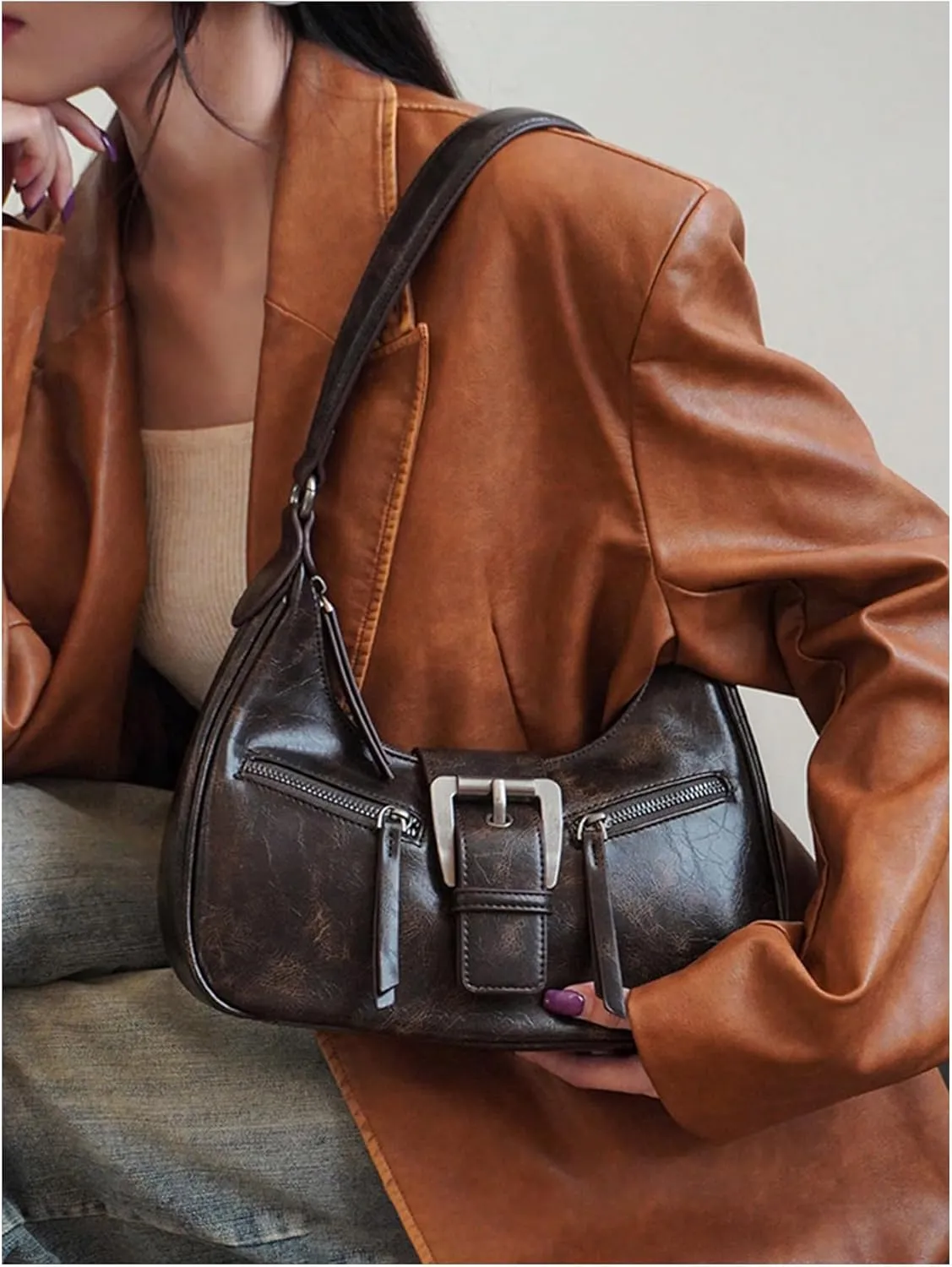 Verdusa Women's Hobo PU Leather Clutch Shoulder Bags Buckle Zipper Vintage Handbags
