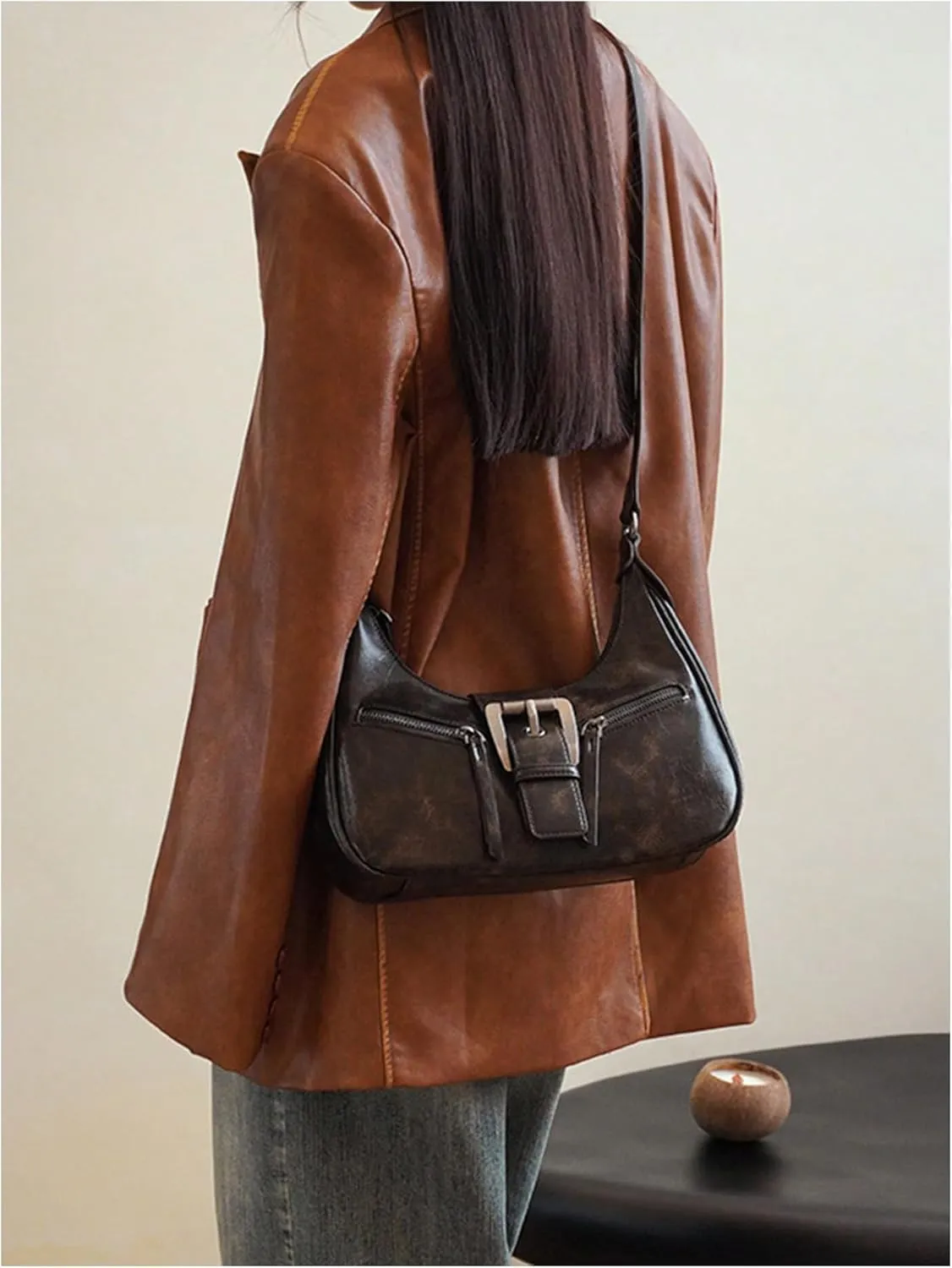 Verdusa Women's Hobo PU Leather Clutch Shoulder Bags Buckle Zipper Vintage Handbags