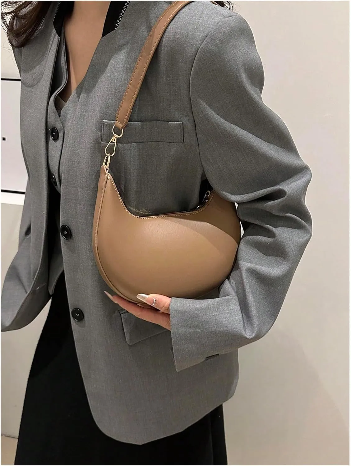 Verdusa Women's PU Leather Hobo Bag Small Purse Zipper Top Handle Bag Crescent Shoulder Bag