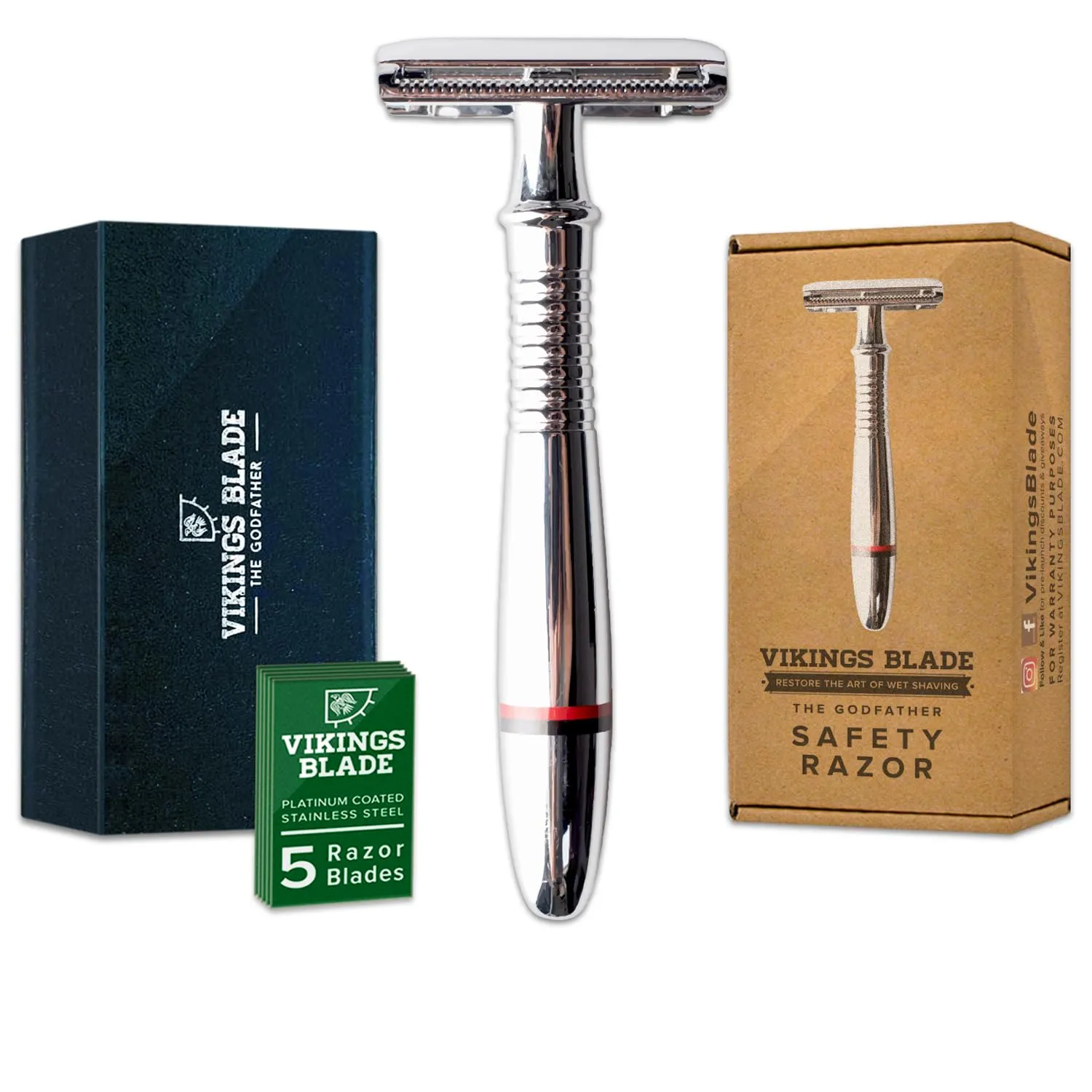 VIKINGS BLADE Double Edge Safety Razor for Men   5 Swedish Steel Blades   Luxury Case. Classic 3-Piece. Reusable, Eco-Friendly (The Godfather)