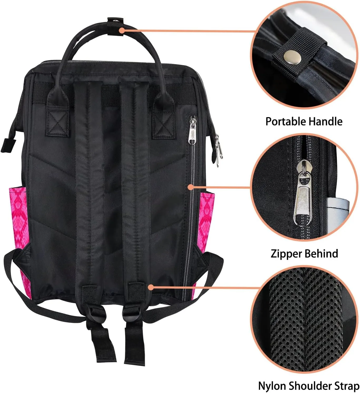 Vintage Trendy Pink Snakeskin Diaper Bag Backpack, waterproof backpack Baby Nappy Changing Bags Laptop Backpack for Travel, Large Capacity, Durable and Stylish for Woman and Men.