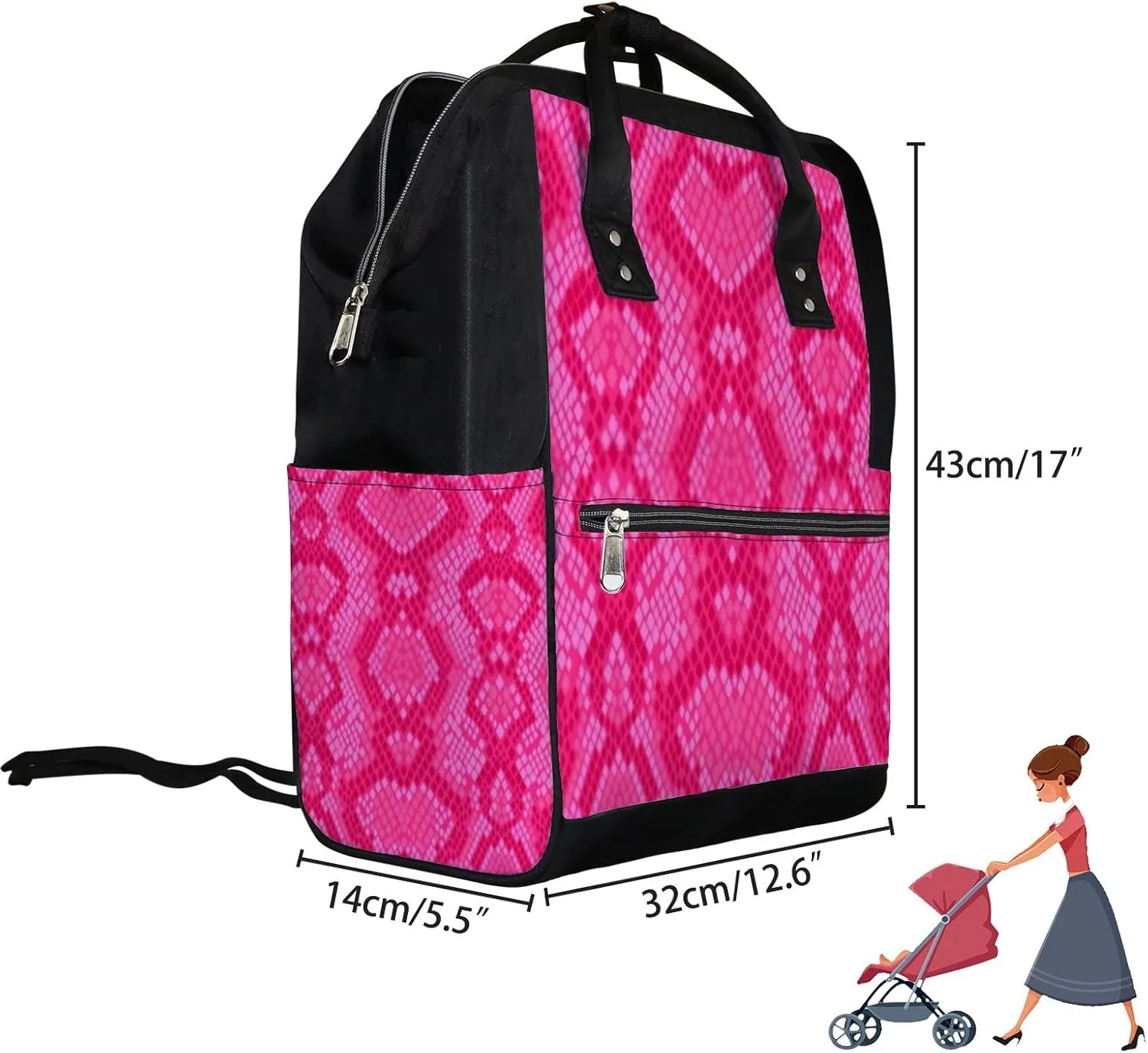 Vintage Trendy Pink Snakeskin Diaper Bag Backpack, waterproof backpack Baby Nappy Changing Bags Laptop Backpack for Travel, Large Capacity, Durable and Stylish for Woman and Men.