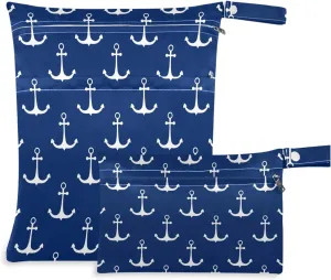 visesunny Classic Anchor Dark Blue 2Pcs Wet Bag with Zippered Pockets Washable Reusable Roomy for Travel,Beach,Pool,Daycare,Stroller,Diapers,Dirty Gym Clothes, Wet Swimsuits, Toiletries