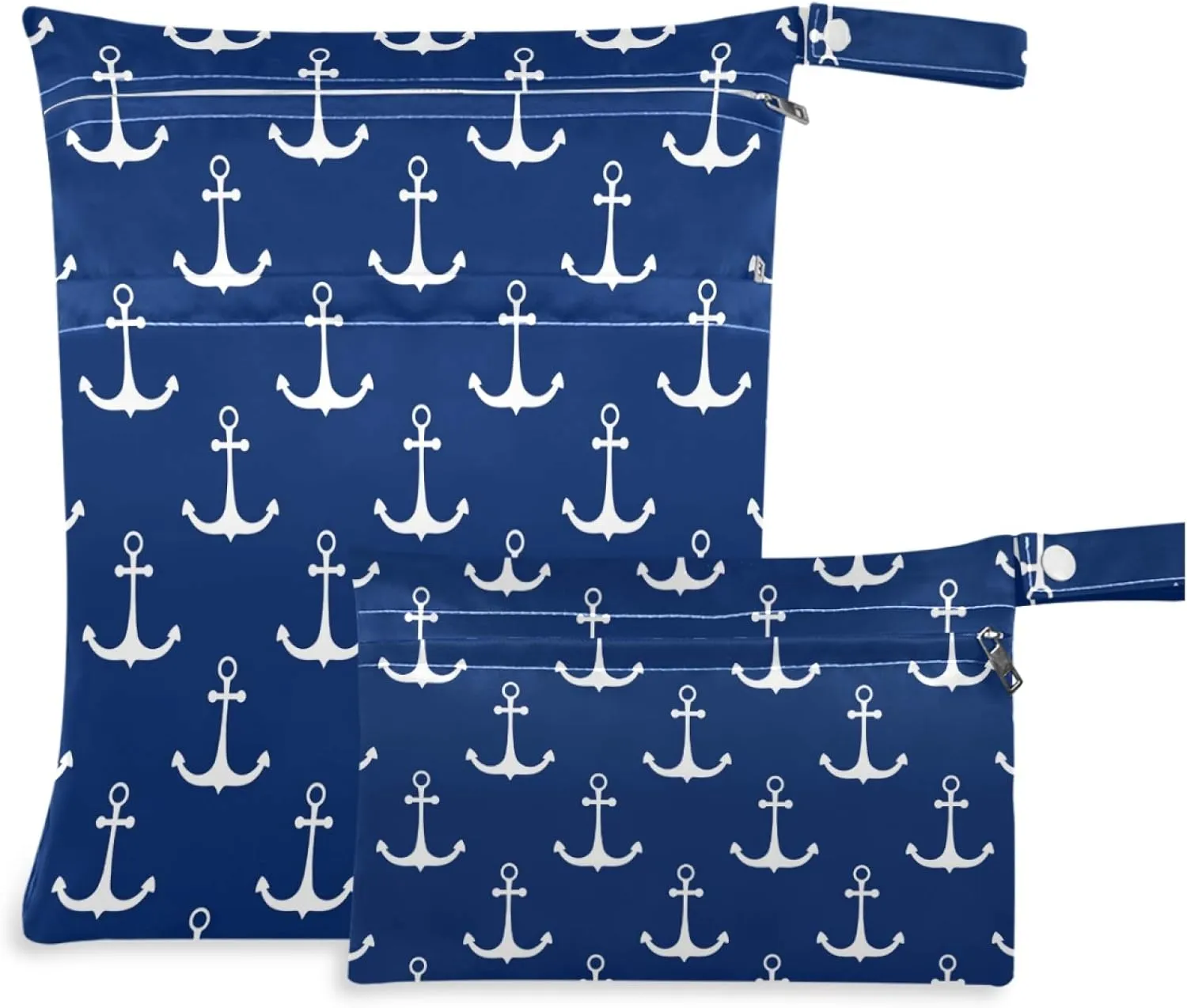 visesunny Classic Anchor Dark Blue 2Pcs Wet Bag with Zippered Pockets Washable Reusable Roomy for Travel,Beach,Pool,Daycare,Stroller,Diapers,Dirty Gym Clothes, Wet Swimsuits, Toiletries