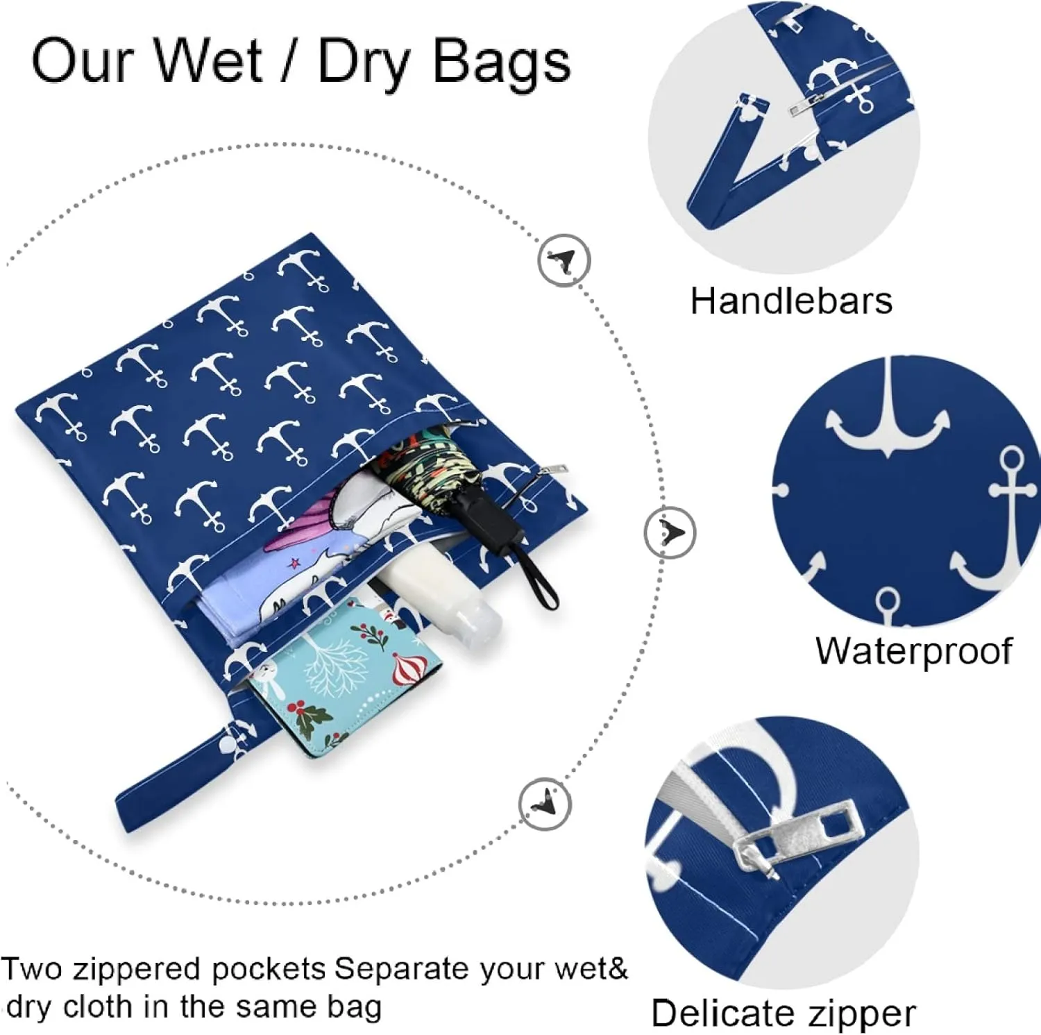 visesunny Classic Anchor Dark Blue 2Pcs Wet Bag with Zippered Pockets Washable Reusable Roomy for Travel,Beach,Pool,Daycare,Stroller,Diapers,Dirty Gym Clothes, Wet Swimsuits, Toiletries