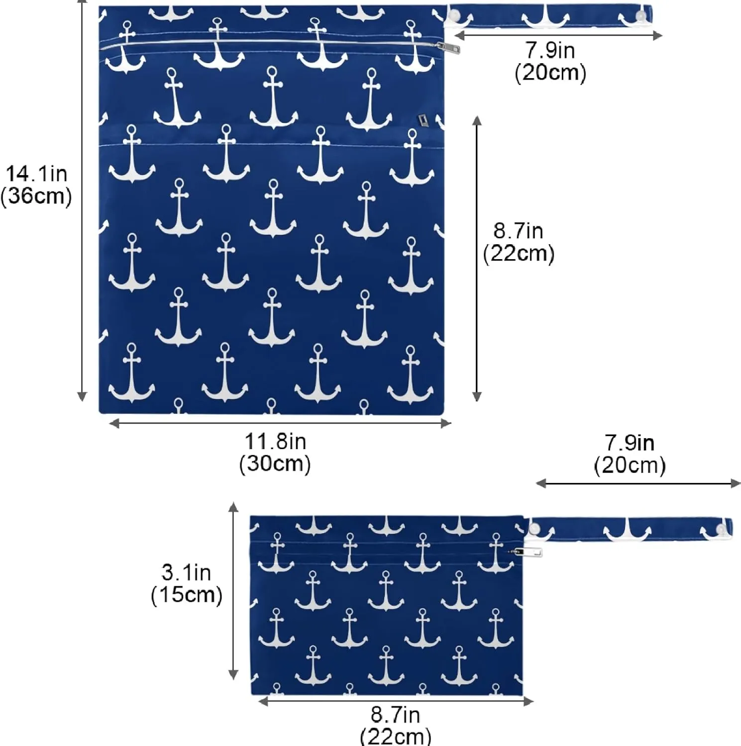 visesunny Classic Anchor Dark Blue 2Pcs Wet Bag with Zippered Pockets Washable Reusable Roomy for Travel,Beach,Pool,Daycare,Stroller,Diapers,Dirty Gym Clothes, Wet Swimsuits, Toiletries